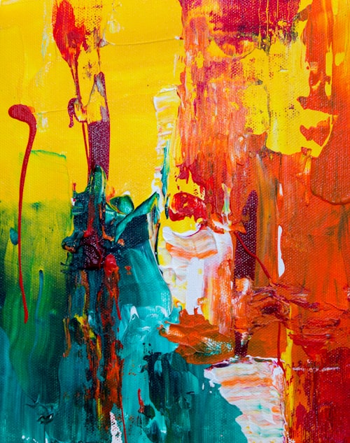 Abstract expressionist painting with bold amber and crimson brushstrokes