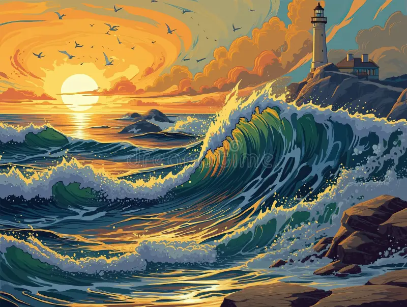 Coastal landscape painting at dusk with ocean waves