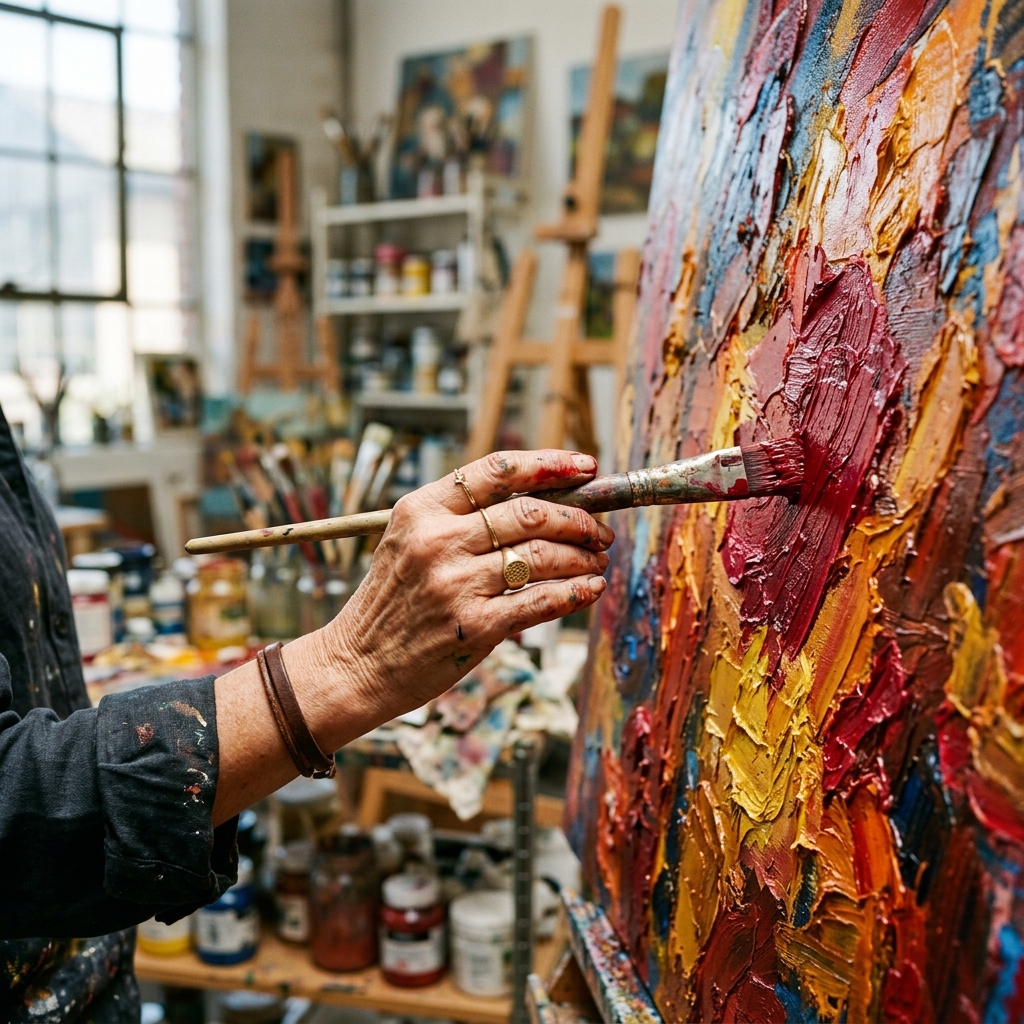 Artist's hand painting a vibrant abstract canvas