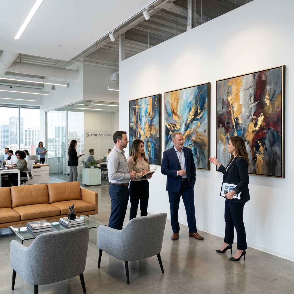 A professional art consultant discussing curated pieces in an office