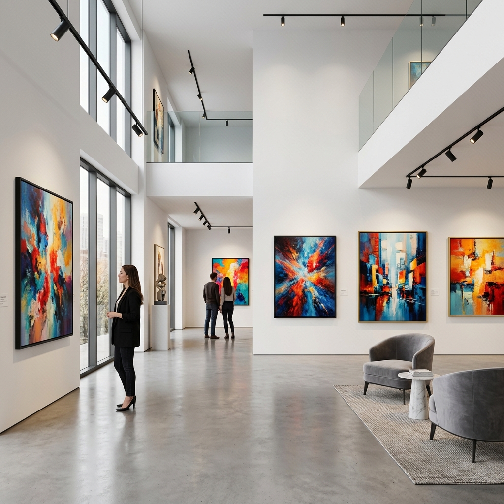 A modern art gallery with large colorful paintings