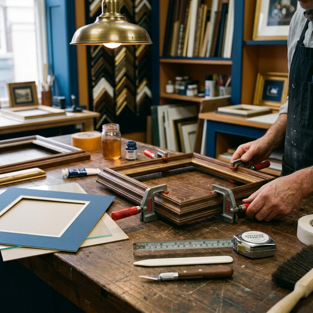 A craftsman's workbench with premium art frames and tools