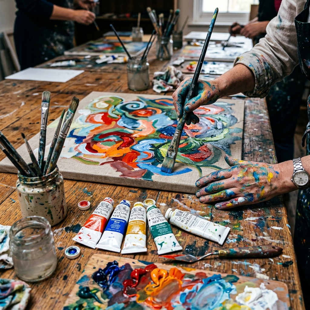 Art students working with diverse painting supplies in a studio
