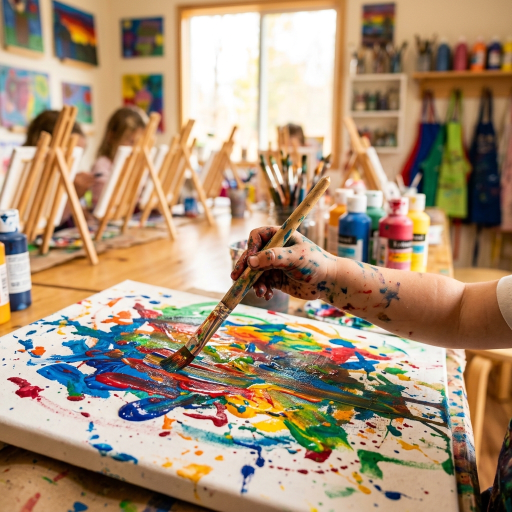Children painting creatively in a vibrant art studio classroom